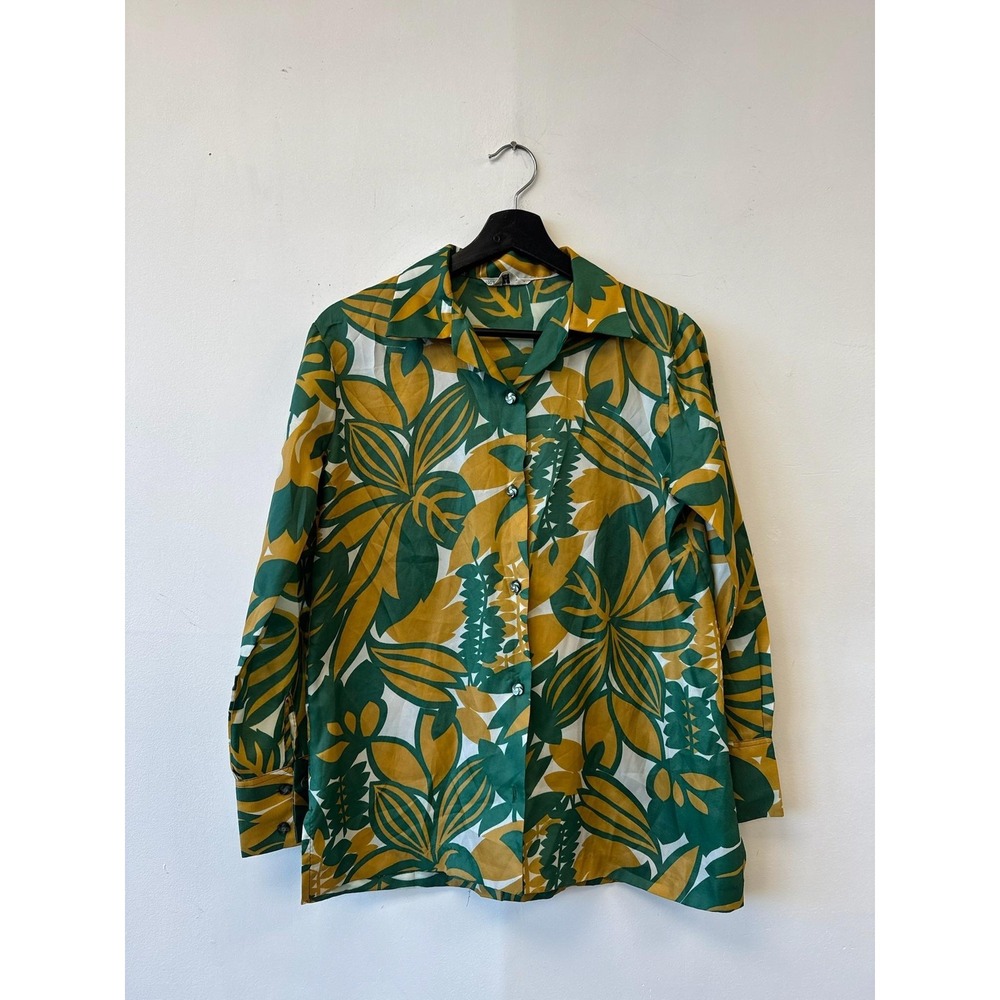 Vintage Hawaiian Shirt‎ Womens 34 Green Yellow Tropical Leaf Made Japan 70s